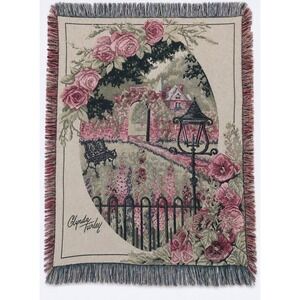 Vintage Glynda Turley Tapestry Throw Blanket Cottage Garden Roses Floral Fringe